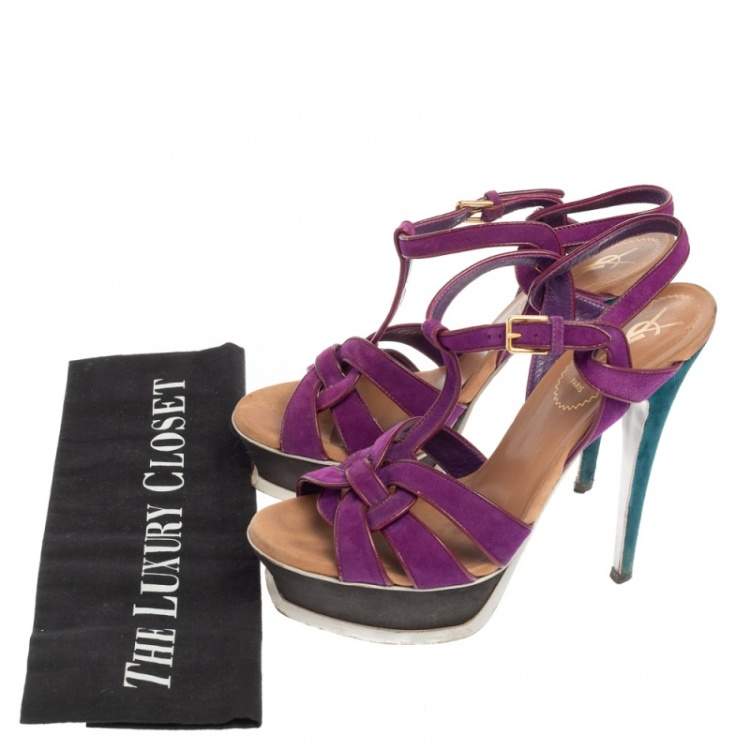 Pre Owned Saint Laurent Purple Suede Tribute Platform Sandals Size 36.5