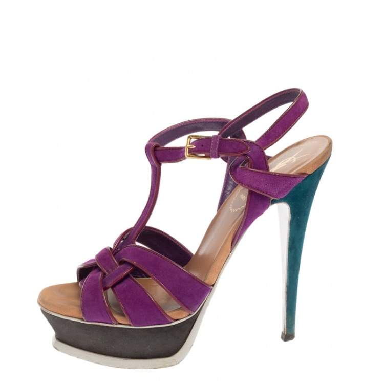 Pre Owned Saint Laurent Purple Suede Tribute Platform Sandals Size 36.5