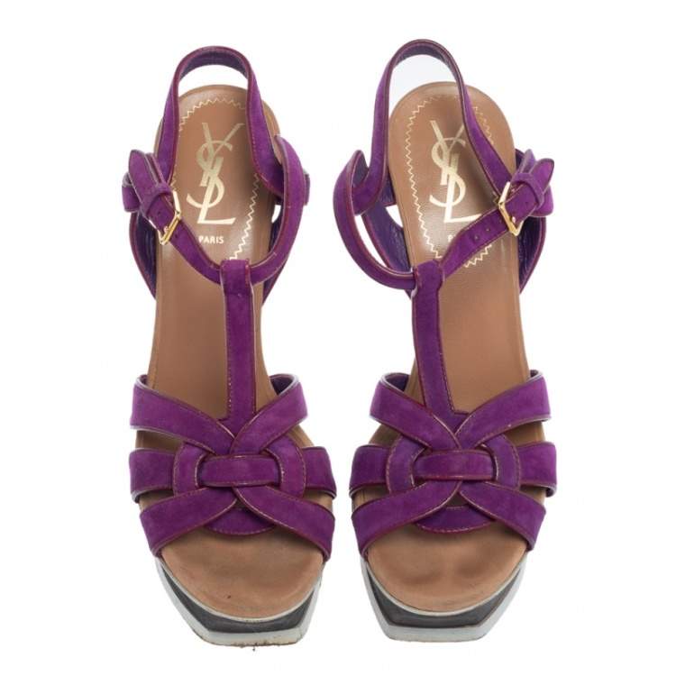 Pre Owned Saint Laurent Purple Suede Tribute Platform Sandals Size 36.5