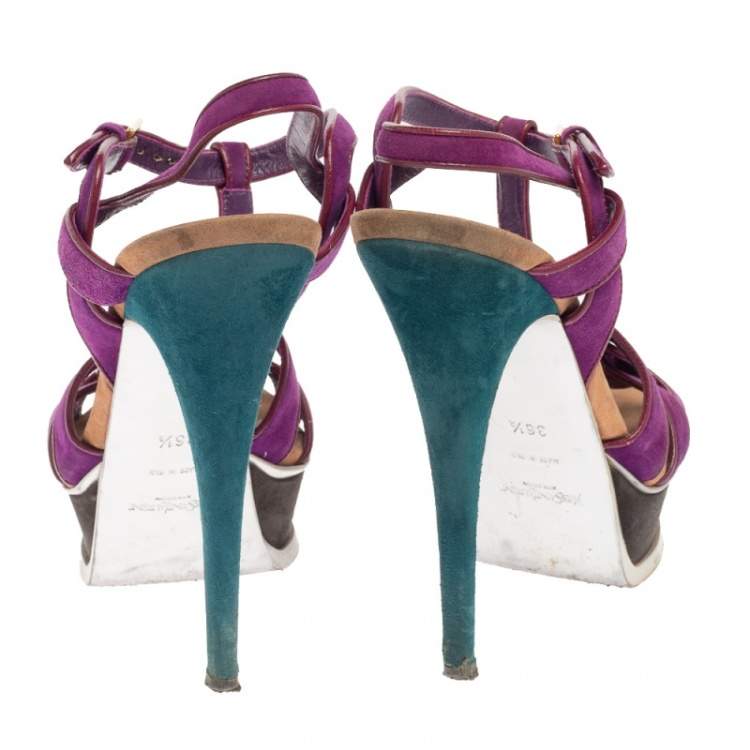 Pre Owned Saint Laurent Purple Suede Tribute Platform Sandals Size 36.5