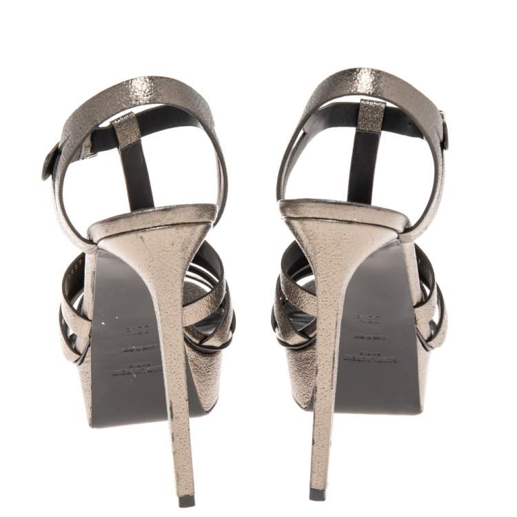 Pre Owned Saint Laurent Metallic Bronze Texture Leather Platform Sandals Size 38.5