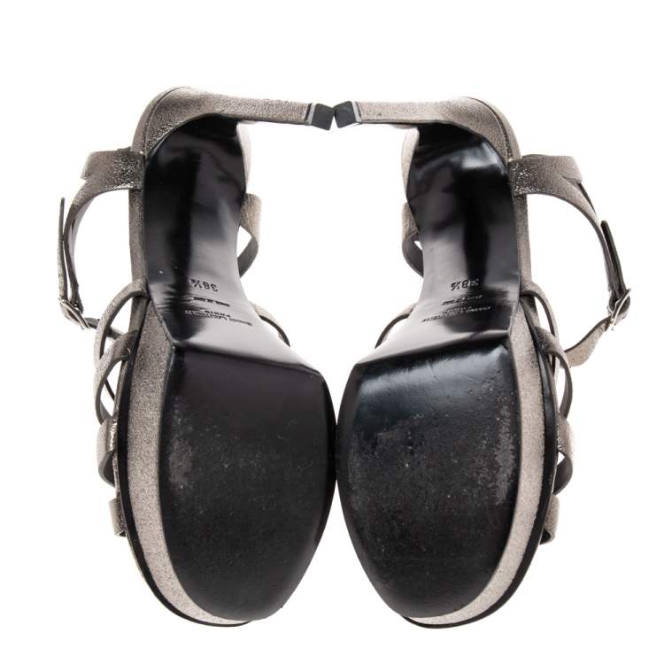 Pre Owned Saint Laurent Metallic Bronze Texture Leather Platform Sandals Size 38.5