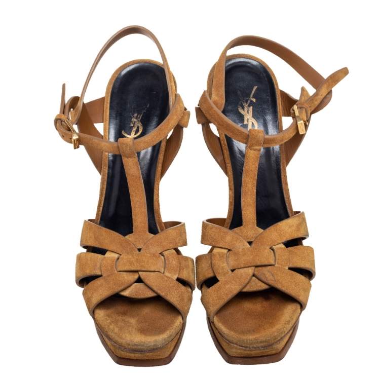 Pre Owned Saint Laurent Yellow Suede Tribute Platform Sandals Size 38