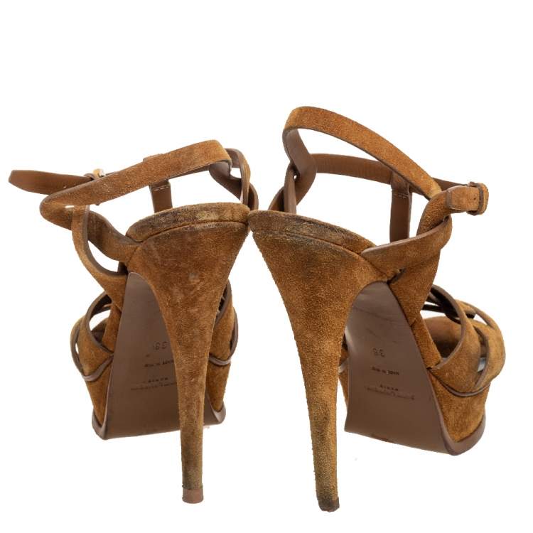 Pre Owned Saint Laurent Yellow Suede Tribute Platform Sandals Size 38