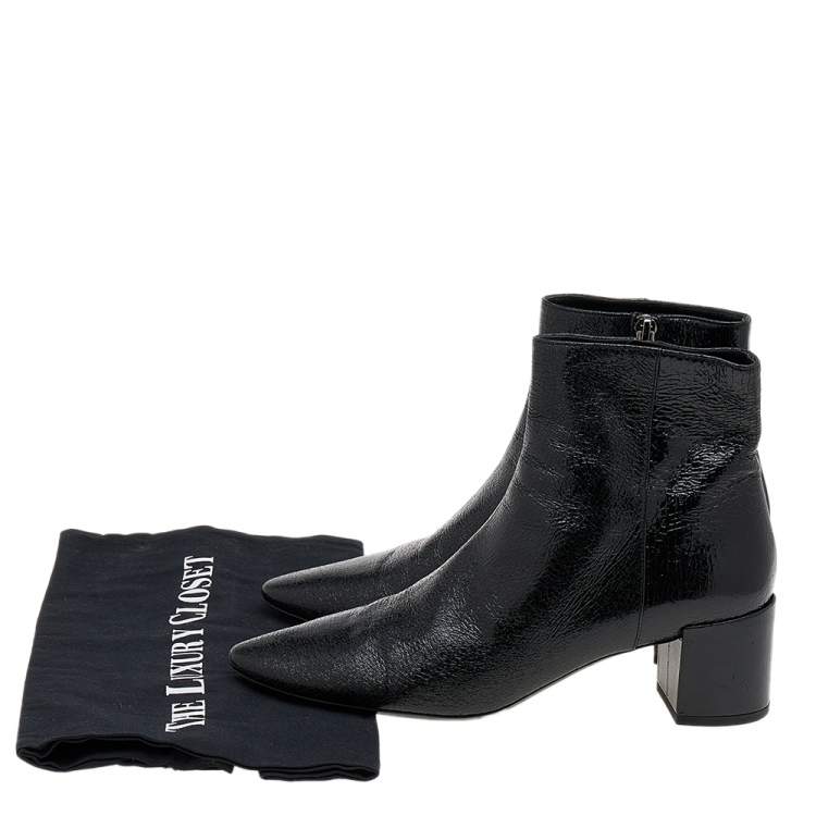 Pre Owned Saint Laurent Black Crinkled Leather Ankle Length Boots Size 38