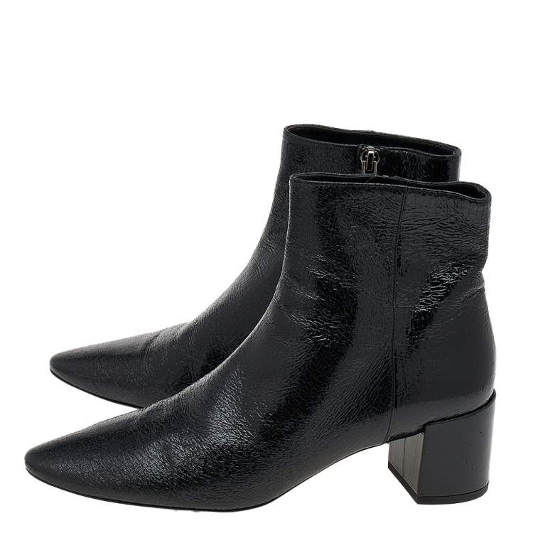 Pre Owned Saint Laurent Black Crinkled Leather Ankle Length Boots Size 38
