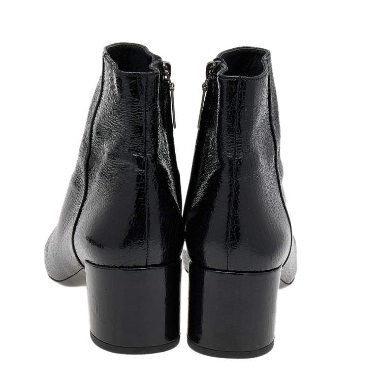 Pre Owned Saint Laurent Black Crinkled Leather Ankle Length Boots Size 38