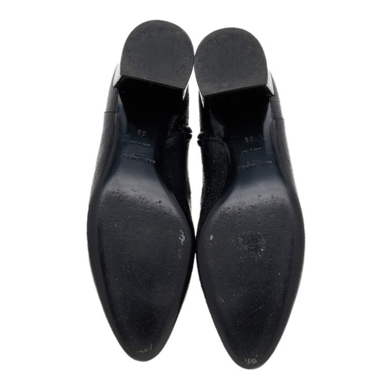 Pre Owned Saint Laurent Black Crinkled Leather Ankle Length Boots Size 38