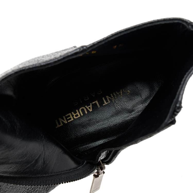 Pre Owned Saint Laurent Black Crinkled Leather Ankle Length Boots Size 38
