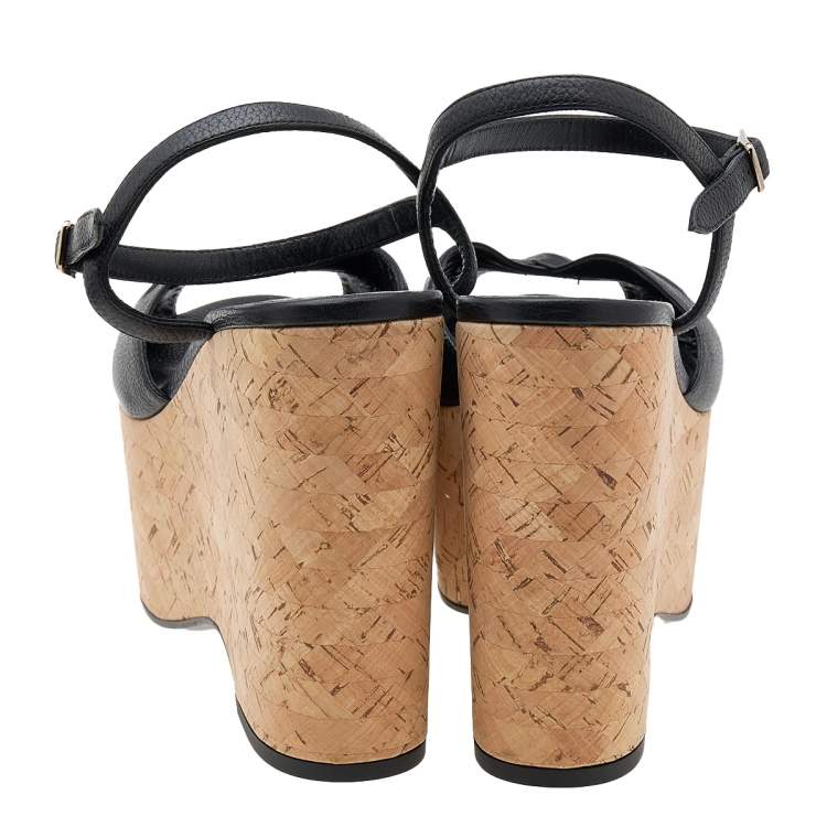 Pre Owned Saint Laurent Black Leather Cork Wedge Platform Sandals Size 40