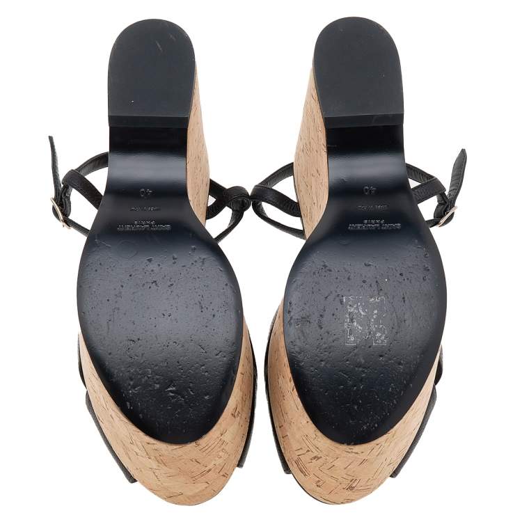 Pre Owned Saint Laurent Black Leather Cork Wedge Platform Sandals Size 40