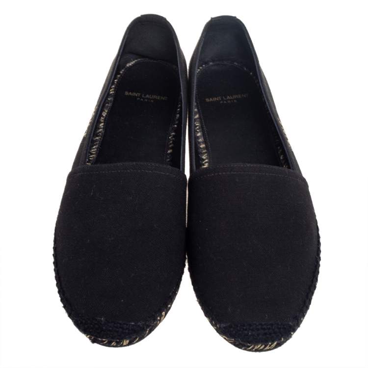 Pre Owned Saint Laurent Black Canvas Logo Embroidered Flat Espadrilles Size 39