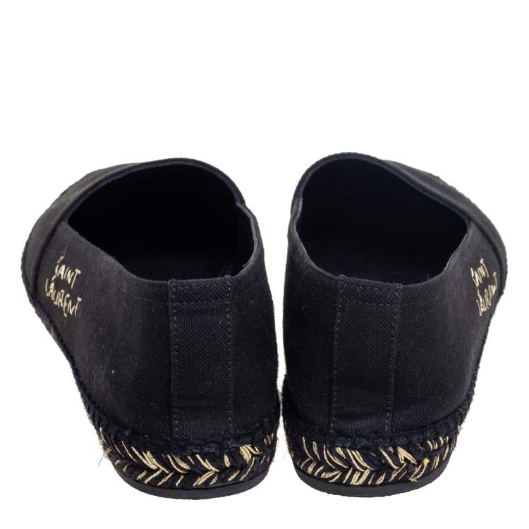 Pre Owned Saint Laurent Black Canvas Logo Embroidered Flat Espadrilles Size 39