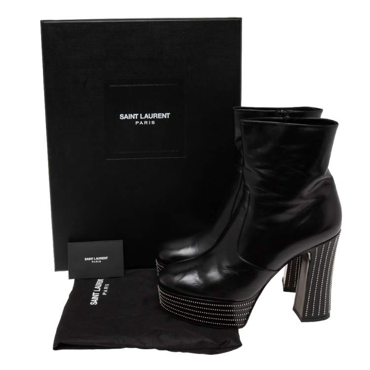 Pre Owned Saint Laurent Black Leather Embellished Ankle Length Boots Size 41