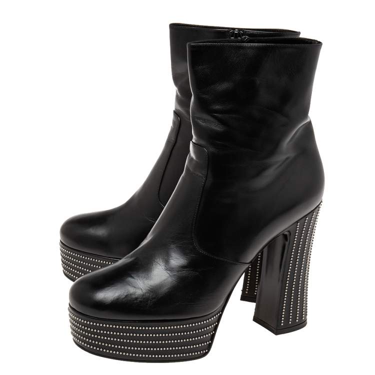 Pre Owned Saint Laurent Black Leather Embellished Ankle Length Boots Size 41