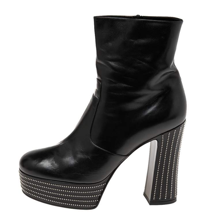 Pre Owned Saint Laurent Black Leather Embellished Ankle Length Boots Size 41