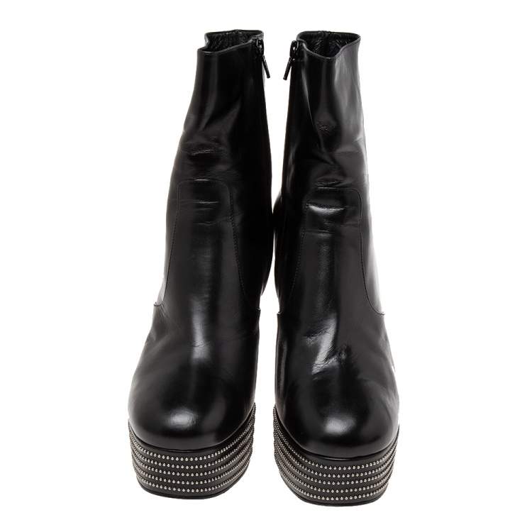 Pre Owned Saint Laurent Black Leather Embellished Ankle Length Boots Size 41