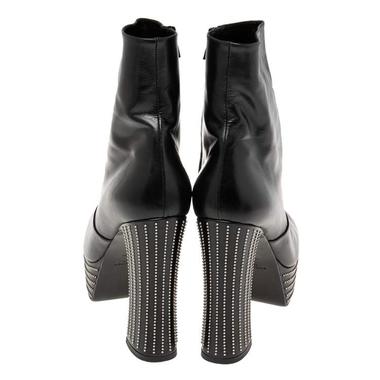 Pre Owned Saint Laurent Black Leather Embellished Ankle Length Boots Size 41