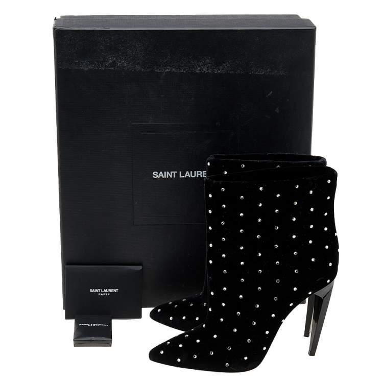 Pre Owned Saint Laurent Black Velvet Crystal Embellished Freja Pointed Toe Ankle Boots Size 37