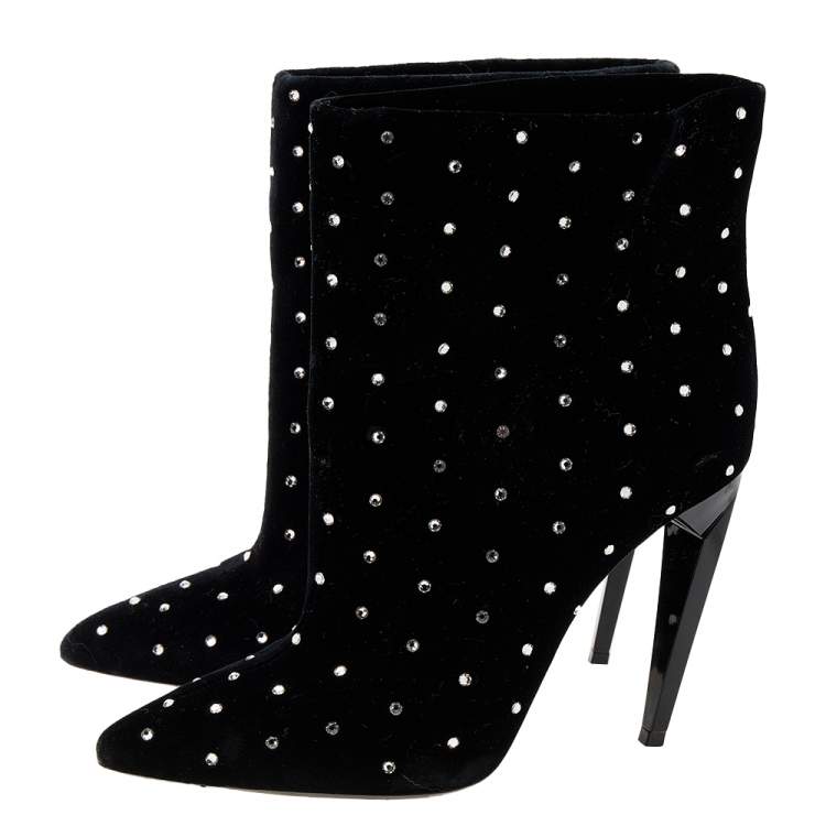 Pre Owned Saint Laurent Black Velvet Crystal Embellished Freja Pointed Toe Ankle Boots Size 37