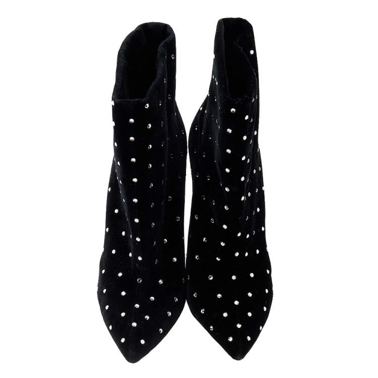 Pre Owned Saint Laurent Black Velvet Crystal Embellished Freja Pointed Toe Ankle Boots Size 37