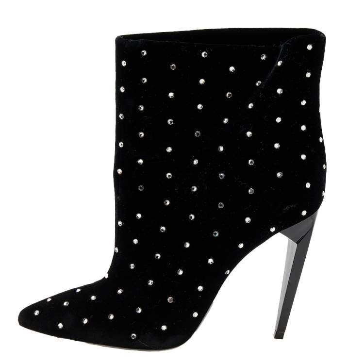 Pre Owned Saint Laurent Black Velvet Crystal Embellished Freja Pointed Toe Ankle Boots Size 37