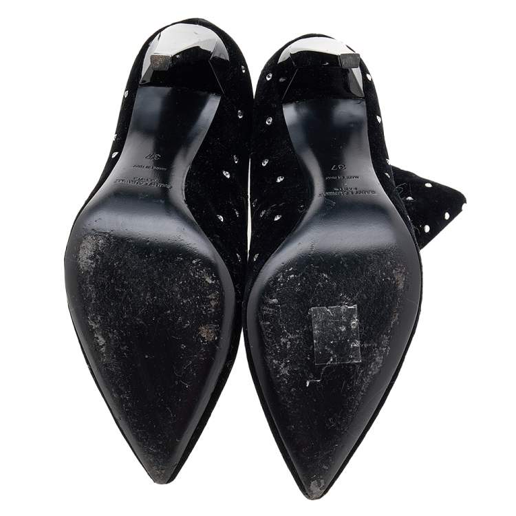 Pre Owned Saint Laurent Black Velvet Crystal Embellished Freja Pointed Toe Ankle Boots Size 37