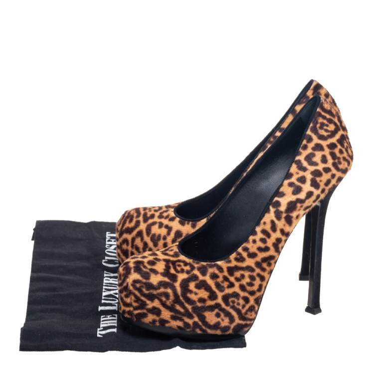 Pre Owned Saint Laurent Brown/Beige Leopard Print Pony Hair Tribtoo Pumps Size 41