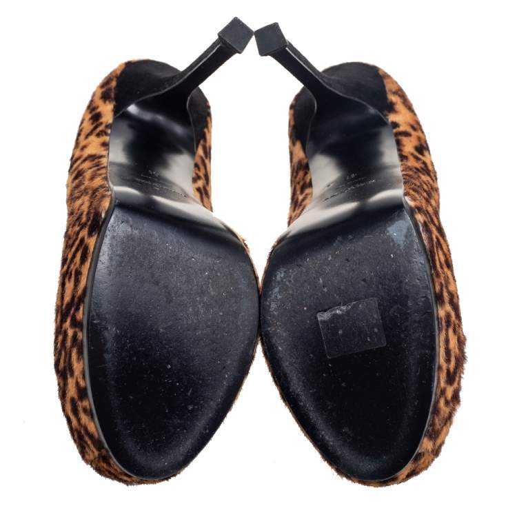 Pre Owned Saint Laurent Brown/Beige Leopard Print Pony Hair Tribtoo Pumps Size 41
