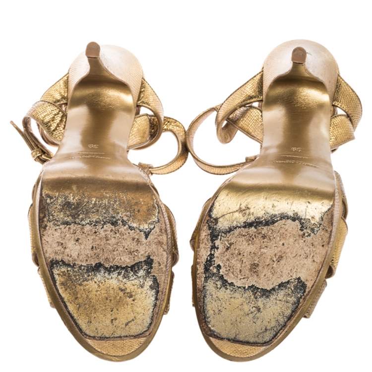 Pre Owned Saint Laurent Gold Textured Leather Tribute Platform Sandals Size 39