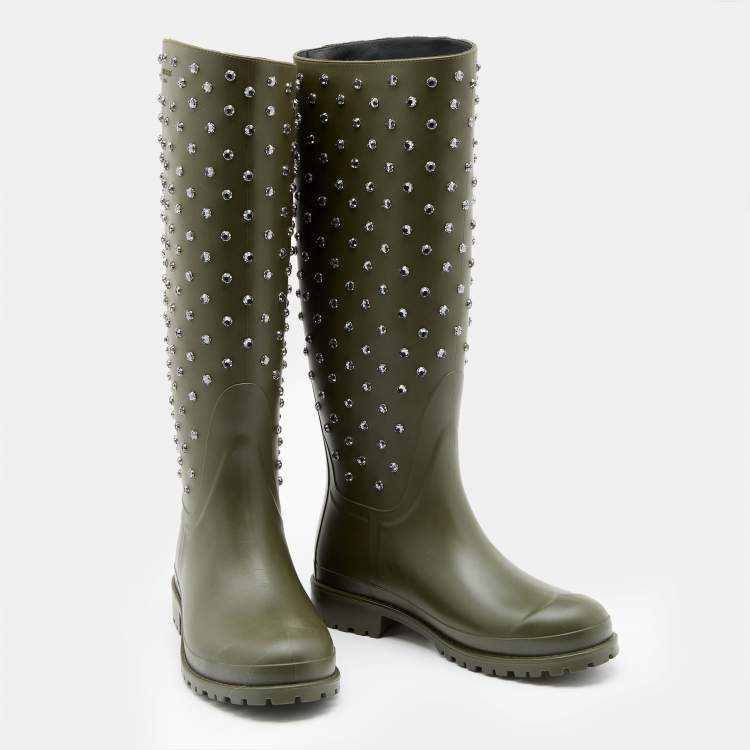 Pre Owned Saint Laurent Dark Khaki Rubber Crystal Studded Festival Rain Boots Size 36