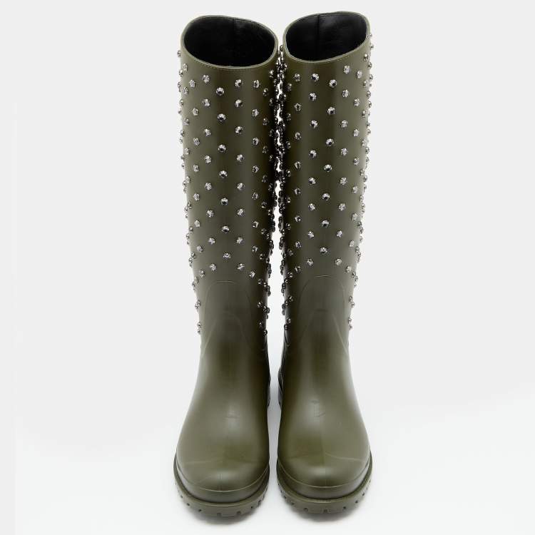Pre Owned Saint Laurent Dark Khaki Rubber Crystal Studded Festival Rain Boots Size 36