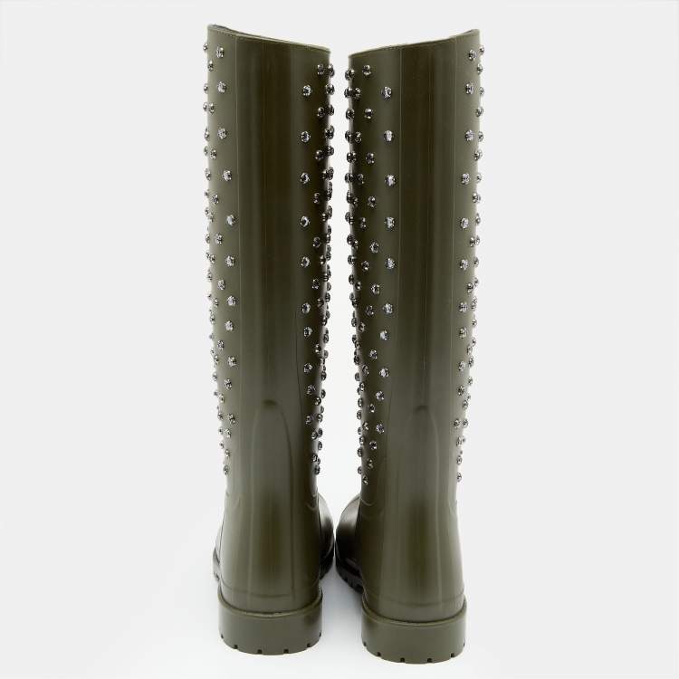 Pre Owned Saint Laurent Dark Khaki Rubber Crystal Studded Festival Rain Boots Size 36