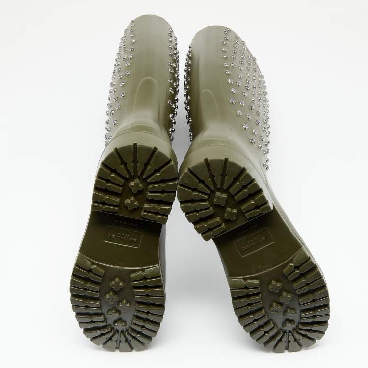 Pre Owned Saint Laurent Dark Khaki Rubber Crystal Studded Festival Rain Boots Size 36