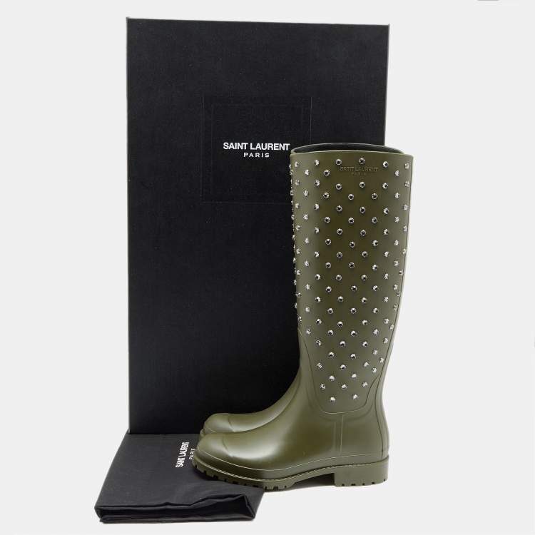 Pre Owned Saint Laurent Dark Khaki Rubber Crystal Studded Festival Rain Boots Size 36