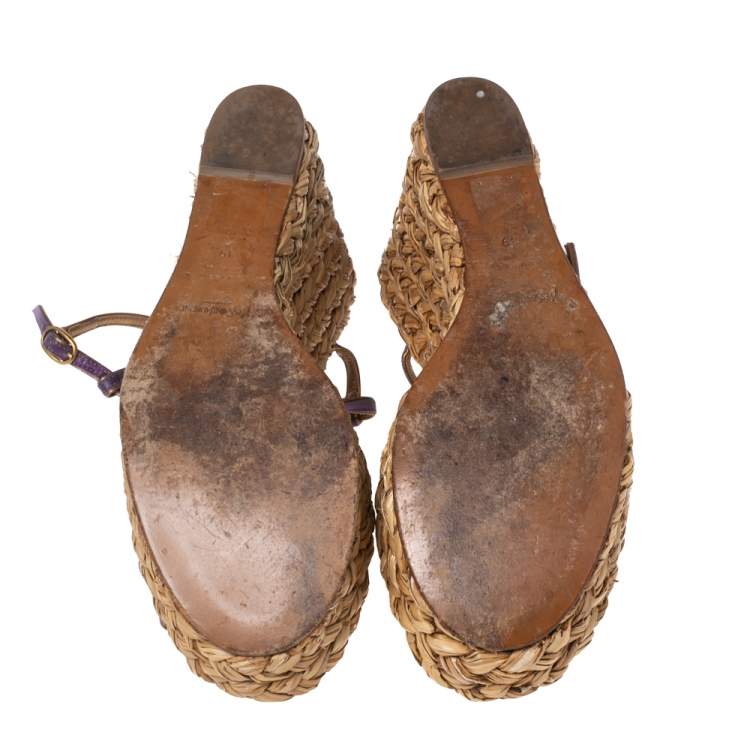 Pre Owned Saint Laurent Metallic Gold/Violet Leather And Satin Espadrille Wedge Sandals Size 39