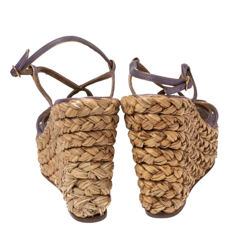 Pre Owned Saint Laurent Metallic Gold/Violet Leather And Satin Espadrille Wedge Sandals Size 39
