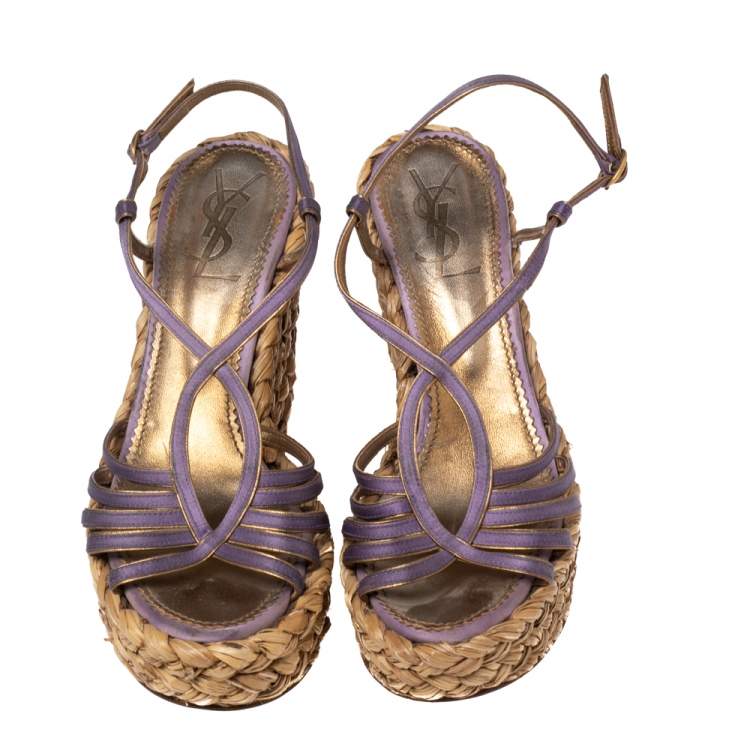 Pre Owned Saint Laurent Metallic Gold/Violet Leather And Satin Espadrille Wedge Sandals Size 39