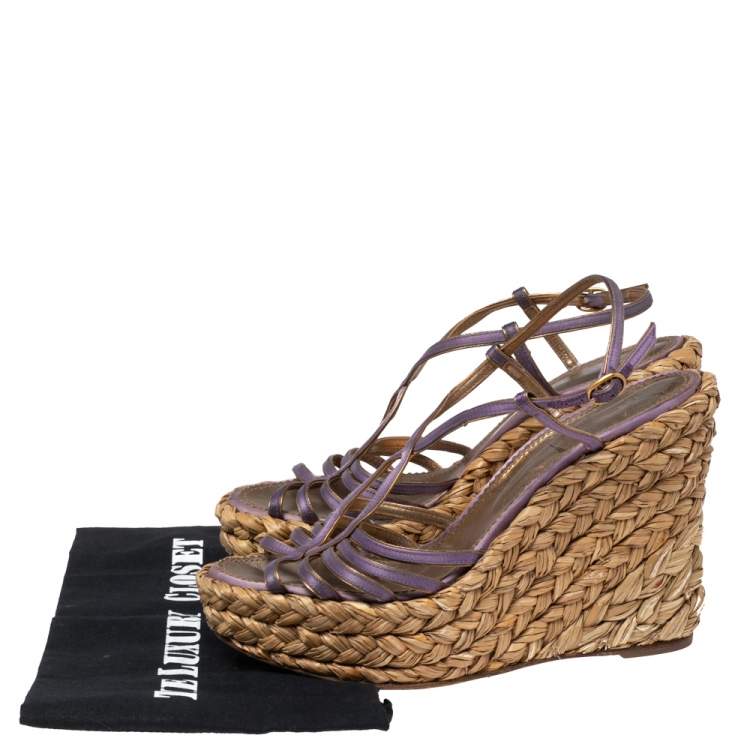 Pre Owned Saint Laurent Metallic Gold/Violet Leather And Satin Espadrille Wedge Sandals Size 39