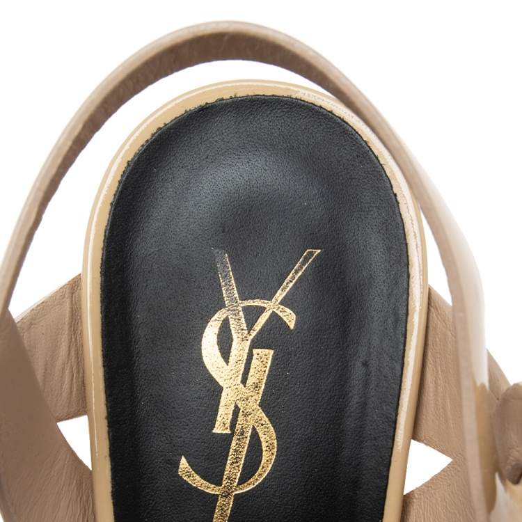 مملوكة مسبقًا Saint Laurent Beige Patent Leather Tribute Platform Sandals Size 38