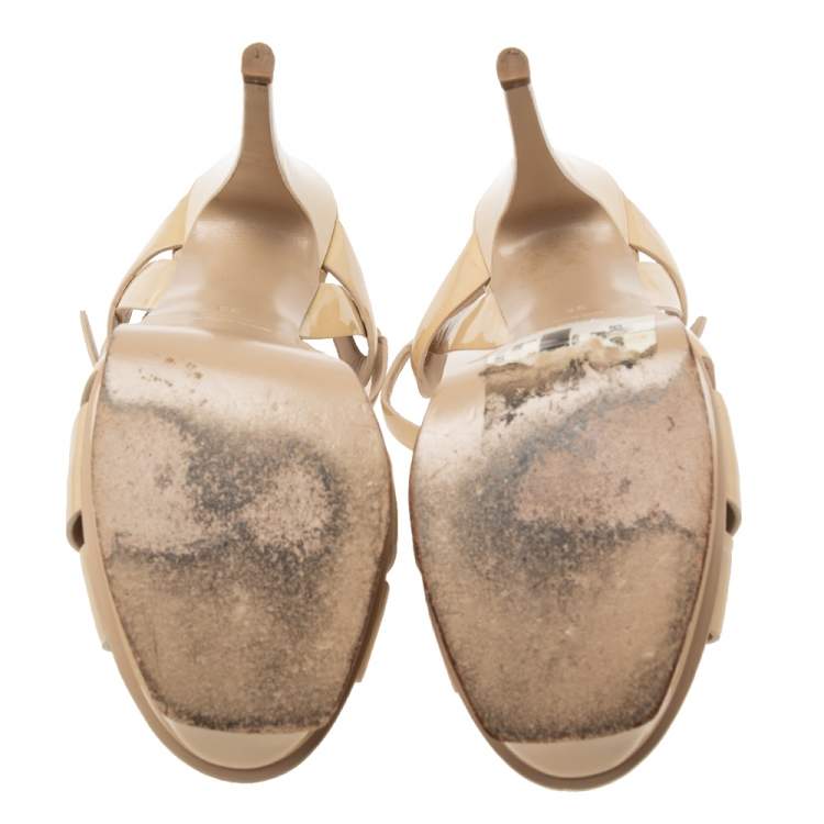 مملوكة مسبقًا Saint Laurent Beige Patent Leather Tribute Platform Sandals Size 38
