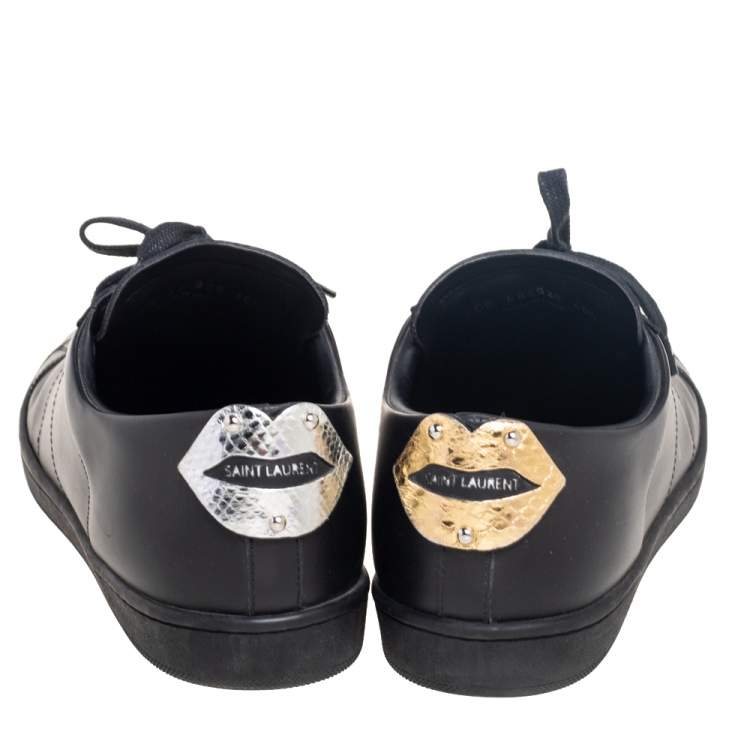 Pre Owned Saint Laurent Black Leather Signature Court Lips Low-Top Sneakers Size 40.5