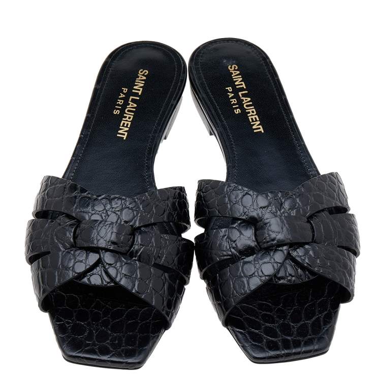 Pre Owned Saint Laurent Croc Embossed Leather Tribute Flats Size 35