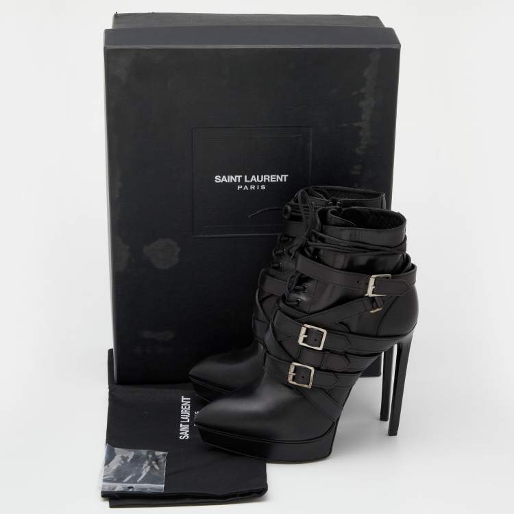 Pre Owned Saint Laurent Black Leather Janis Platform Ankle Boots Size 38.5