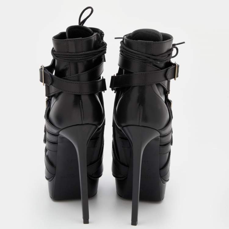 Pre Owned Saint Laurent Black Leather Janis Platform Ankle Boots Size 38.5