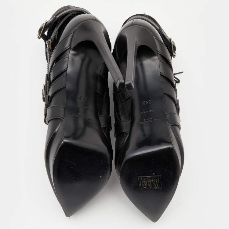 Pre Owned Saint Laurent Black Leather Janis Platform Ankle Boots Size 38.5