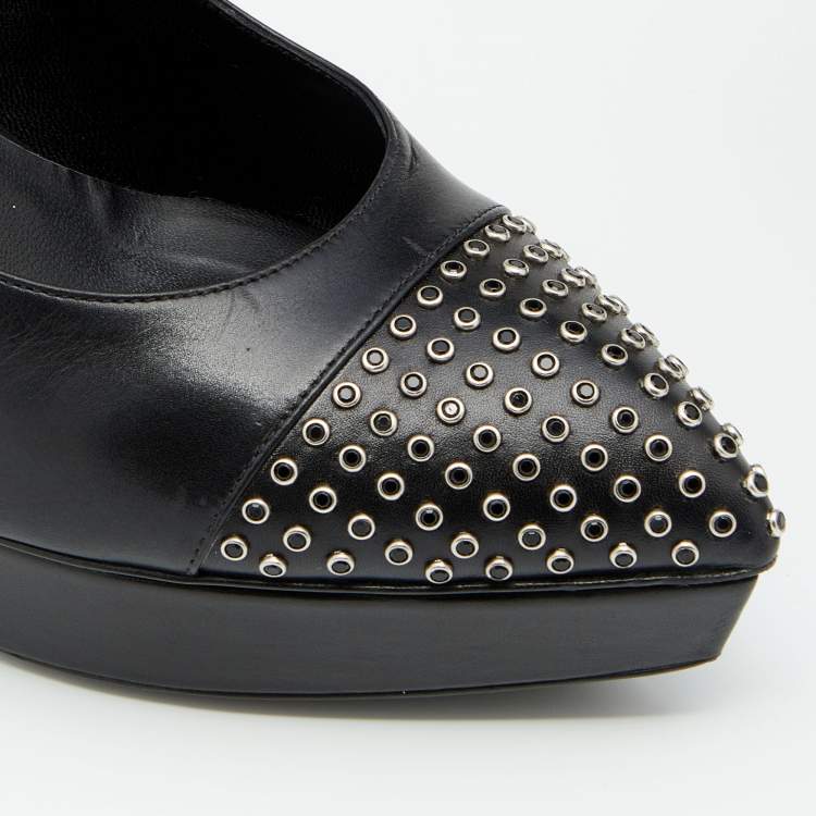 مملوكة مسبقًا Saint Laurent Black Leather Janis Studded Pointed Toe Pumps Size 38