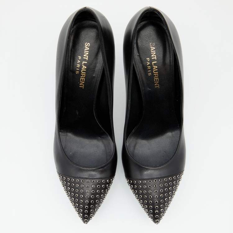 مملوكة مسبقًا Saint Laurent Black Leather Janis Studded Pointed Toe Pumps Size 38