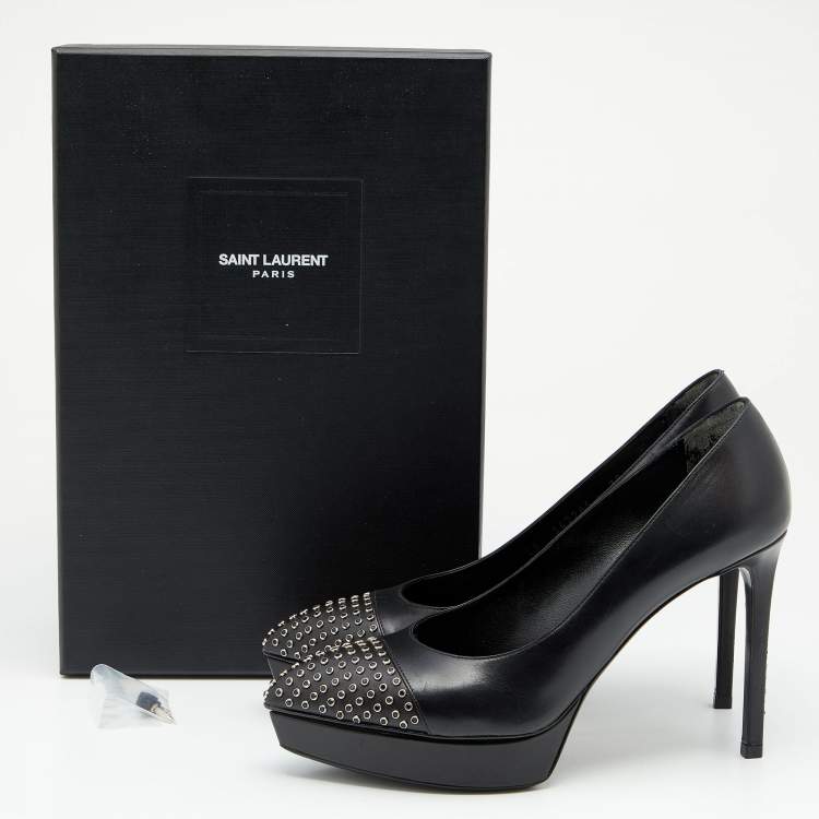 مملوكة مسبقًا Saint Laurent Black Leather Janis Studded Pointed Toe Pumps Size 38