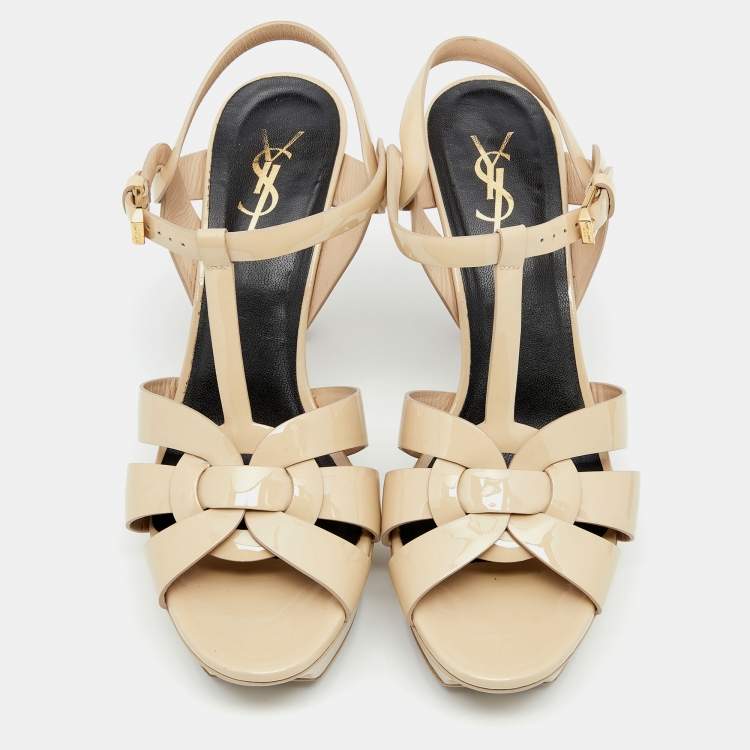 مملوكة مسبقًا Saint Laurent Beige Patent Leather Tribute Platform Sandals Size 40